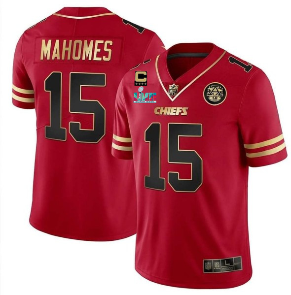 Men’s Kansas City Chiefs #15 Patrick Mahomes Red GoldSuper Bowl LVII Patch And 4-star C Patch Vapor Untouchable Limited Stitched Jersey